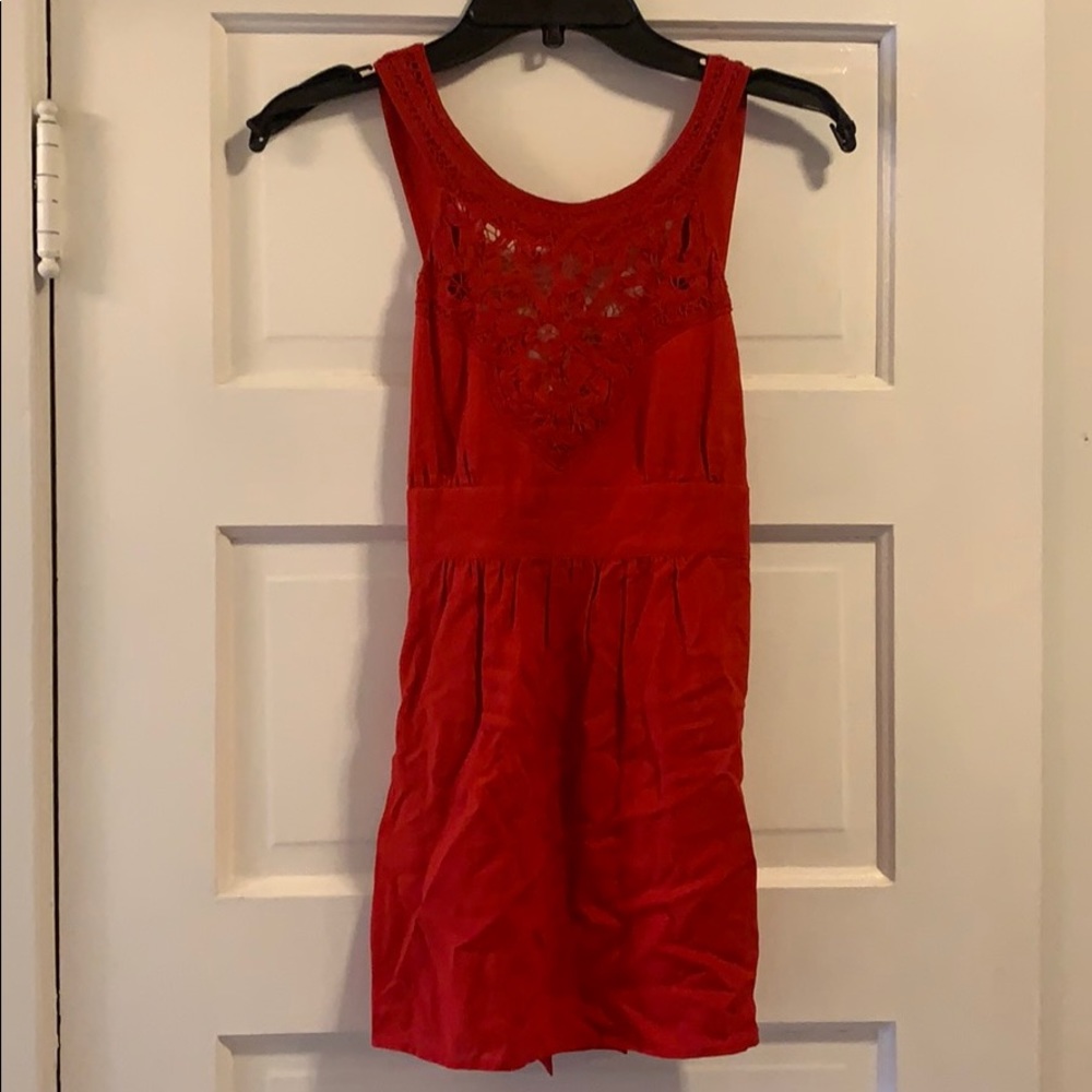 Red Tank with Gorgeous Lace Neckline and Tie Back